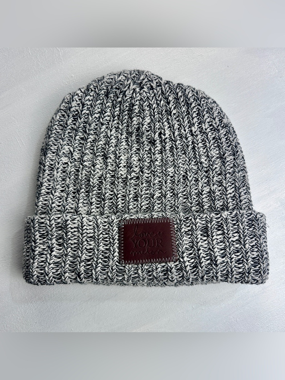 Love Your Melon Gray Marled Knit Cuffed Beanie with Leather Patch